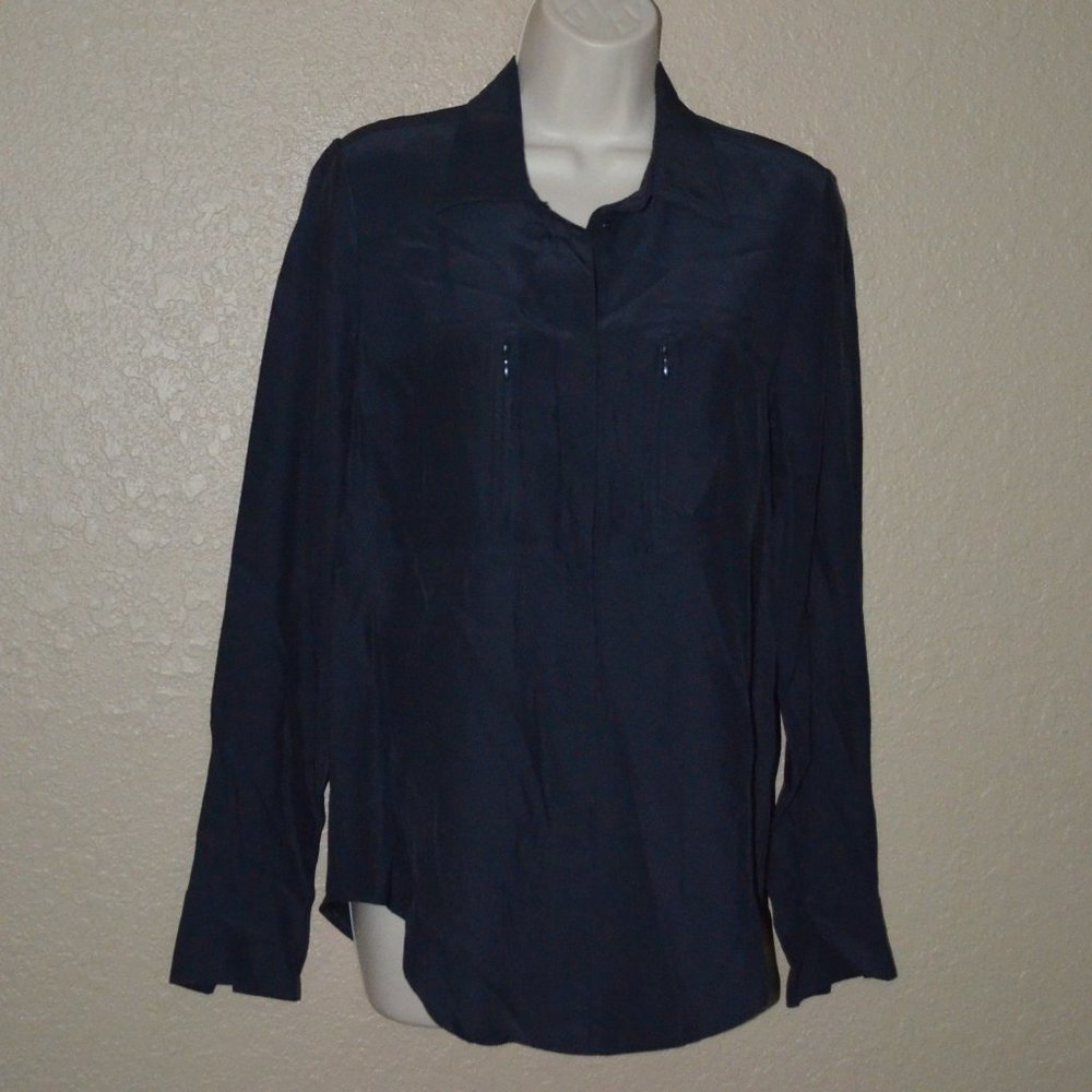 $295 Sz S Elain Kim Navy Rossmore Zip Pocket Long Sleeve Blouse